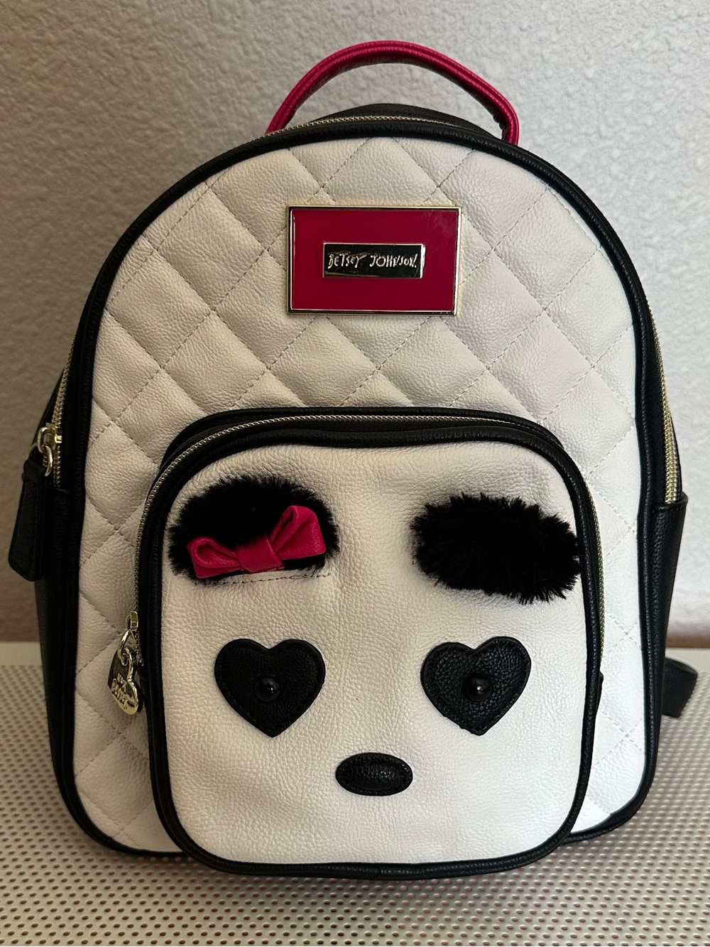 Betsey Johnson Quilted Black Cream Medium Backpack with Panda Face